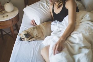 A pet owner sleeping with her dog